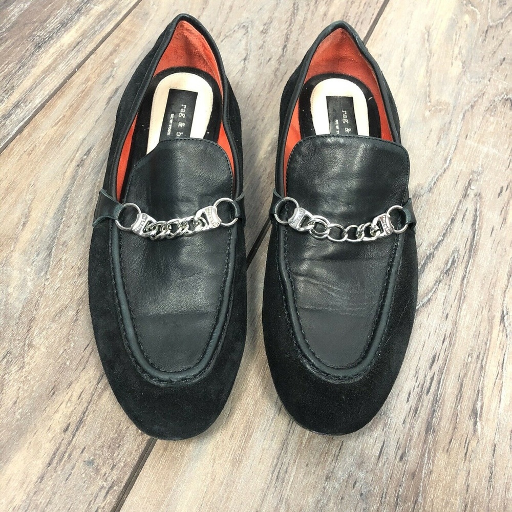 Rag & Bone Women Black Loafers Letter Suede Metal